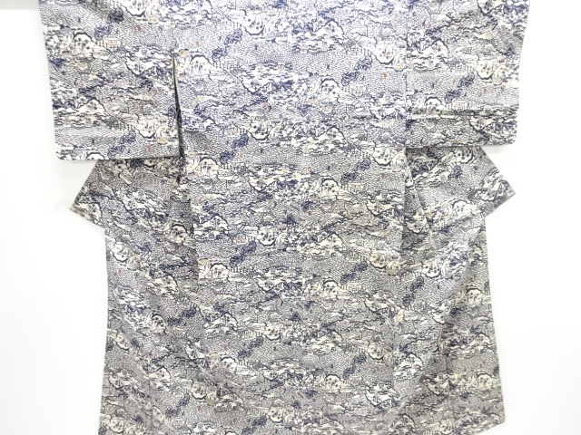 大正ロマン　型染家屋風景模様手織り紬着物